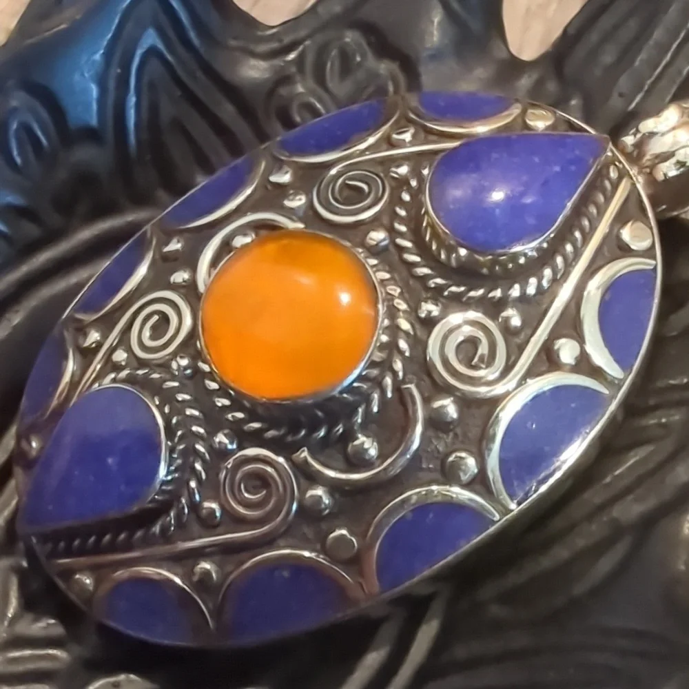 Tibetan Silver Lapis And Copal Pendant